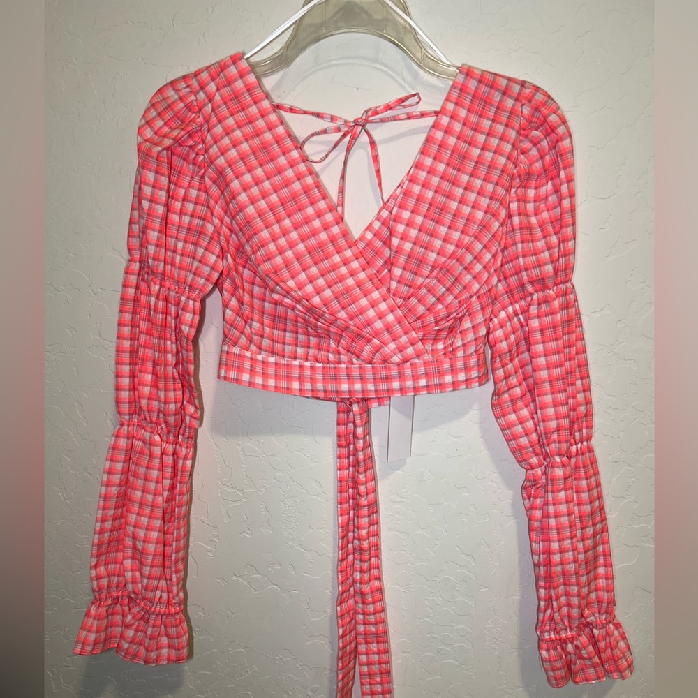NWT! TopShop neon pink plaid top